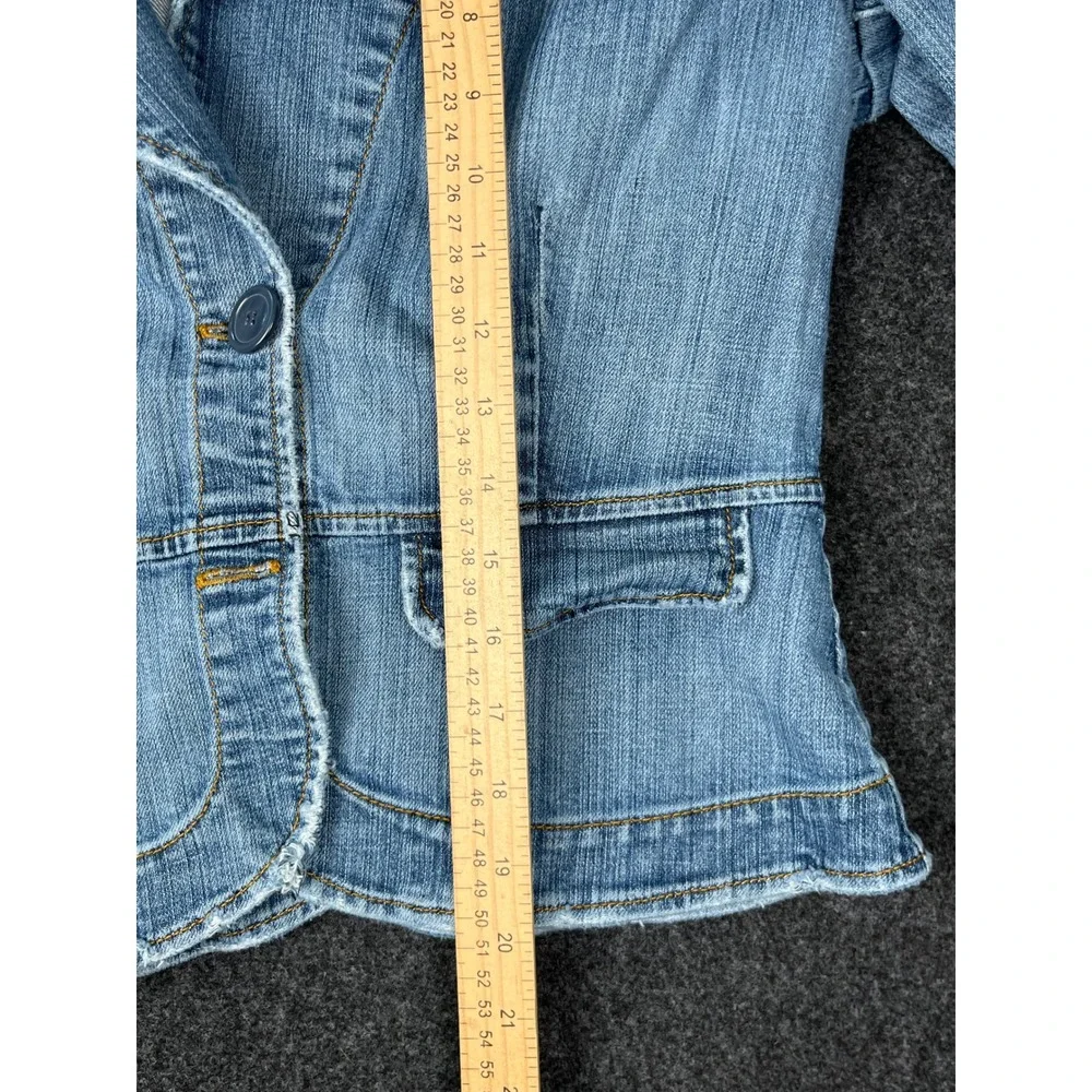 Wax Jean Denim‎ Blazer Jacket Womens M Light Wash Distressed Frayed Hem Y2K